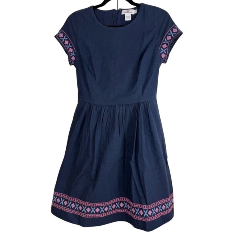 Vineyard Vines Navy Embroidered A-Line Dress‎ Pink Blue Cotton Size 2